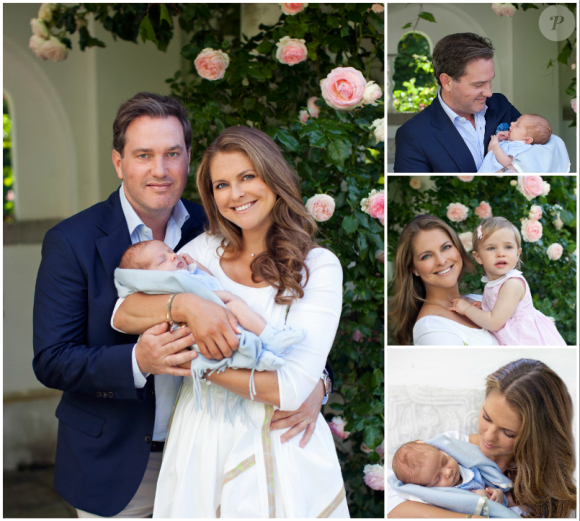 La princesse Madeleine de Suède et son mari Chris O'Neill avec leurs enfants en juillet 2015 lors des vacances de la famille royale à Solliden.