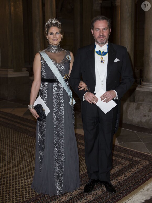 La princesse Madeleine de Suède et son mari Christopher O'Neill au dîner en l'honneur des lauréats des prix Nobel à Stockholm le 11 décembre 2015