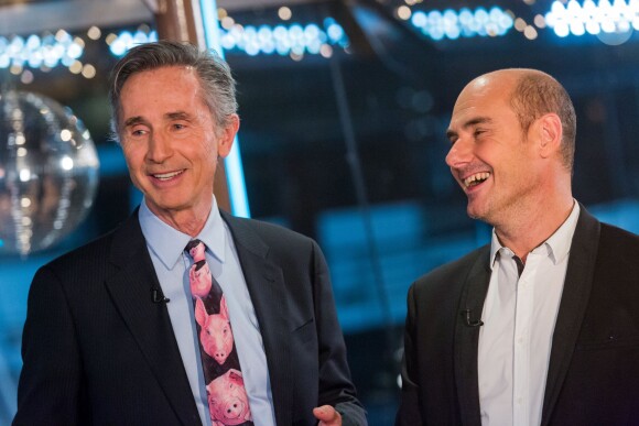 Exclusif - Thierry Lhermitte et Bernard Campan, sur le bateau Jean Bruel à Paris pour le tournage de l'émission Toute la musique qu'on aime diffusée le 31 décembre 2015 au soir dès 00h30 sur TF1. © Cyril Moreau