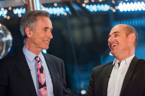 Exclusif - Thierry Lhermitte et Bernard Campan, sur le bateau Jean Bruel à Paris pour le tournage de l'émission Toute la musique qu'on aime diffusée le 31 décembre 2015 au soir dès 00h30 sur TF1. © Cyril Moreau