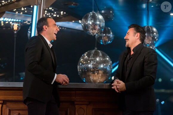 Exclusif - Nikos Aliagas et José Garcia, sur le bateau Jean Bruel à Paris pour le tournage de l'émission Toute la musique qu'on aime diffusée le 31 décembre 2015 au soir dès 00h30 sur TF1. © Cyril Moreau