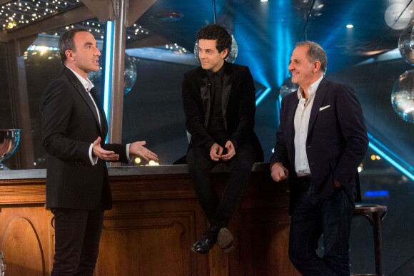 Exclusif - Nikos Aliagas, Michaël Gregorio et Marc Toesca, sur le bateau Jean Bruel à Paris pour le tournage de l'émission Toute la musique qu'on aime diffusée le 31 décembre 2015 au soir dès 00h30 sur TF1. © Cyril Moreau