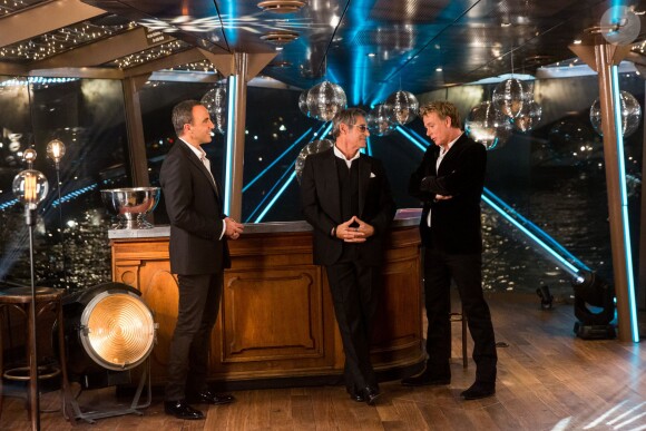 Exclusif - Nikos Aliagas, Gérard Lanvin et Franck Dubosc, sur le bateau Jean Bruel à Paris pour le tournage de l'émission Toute la musique qu'on aime diffusée le 31 décembre 2015 au soir dès 00h30 sur TF1. © Cyril Moreau