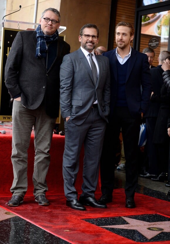 Adam McKay, Steve Carell et Ryan Gosling sur le Hollywood Walk of Fame le 6 janvier 2016.