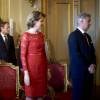 Le roi Philippe de Belgique et la reine Mathilde lors de la réception du nouvel an dédiée aux représentants des institutions européennes, le 12 janvier 2016 au palais royal à Bruxelles.