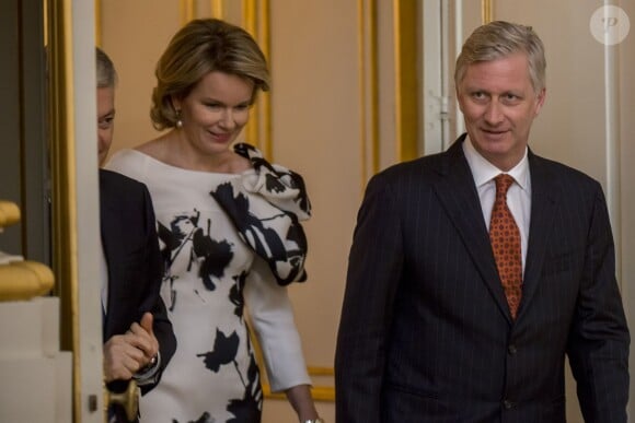 Le roi Philippe et la reine Mathilde de Belgique lors de la réception du nouvel an dédiée au corps diplomatique, le 7 janvier 2016 au palais royal à Bruxelles.