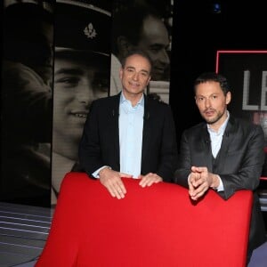 Exclusif - L'animateur Marc-Olivier Fogiel et son invité Jean-François Copé lors de l'enregistrement de l'émission Le Divan. Tournage réalisé le 9 janvier 2016, diffusé le mardi 19 janvier 2016. © Dominique Jacovides