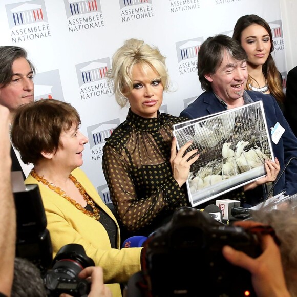 Christophe Marie, Laurence Abeille (députée EELV), Pamela Anderson - L'actrice américaine Pamela Anderson a tenu une conférence de presse aux côtés de la députée Laurence Abeille, le fondateur de l'ONG Sea Shepherd Paul Watson, l'ancienne Miss France Delphine Wespiser et le porte-parole de la Fondation Brigitte Bardot, Christophe Marie à l'Assemblée Nationale à Paris, le 19 janvier 2016. L'actrice américaine est venue soutenir la présentation d'une proposition de loi écologiste sur le gavage d'animaux pour la production de foie gras. © Dominique Jacovides/Bestimage