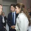 Le secrétaire général de l'Organisation des Nations unies Ban Ki-moon rencontre la reine Rania de Jordanie et le Premier ministre canadien Justin Trudeau pendant le dîner donné par le professeur Klaus Schwab lors de la 46e édition du Forum économique mondial de Davos, le 21 janvier 2016.