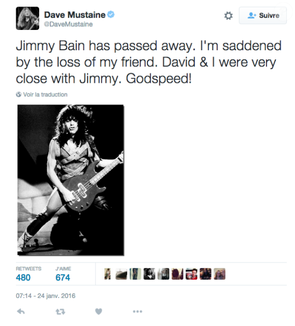 Dave Mustain rend hommage à Jimmy Bain, mort à 68 ans - janvier 2016