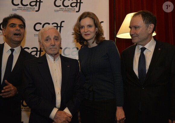 Charles Aznavour et Nathalie Kosciusko-Morizet - Dîner du Conseil de Coordination des Organisations Arméniennes de France, à l'hôtel du Collectionneur, à Paris, le 28 janvier 2016