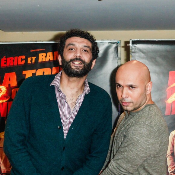 Eric Judor et Ramzy Bédia assistent à la première du film La Tour 2 Contrôle Infernale, à Paris, le 1er Février.