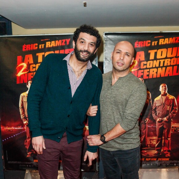 Eric Judor et Ramzy Bédia assistent à la première du film La Tour 2 Contrôle Infernale, à Paris, le 1er Février.