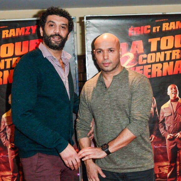 Eric Judor et Ramzy Bédia assistent à la première du film La Tour 2 Contrôle Infernale, à Paris, le 1er Février.