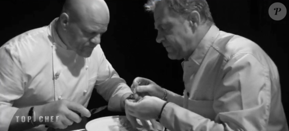 Philippe Etchebest et Michel Sarran dans la boîte noire - "Top Chef 2016" sur M6, le 8 février 2016.