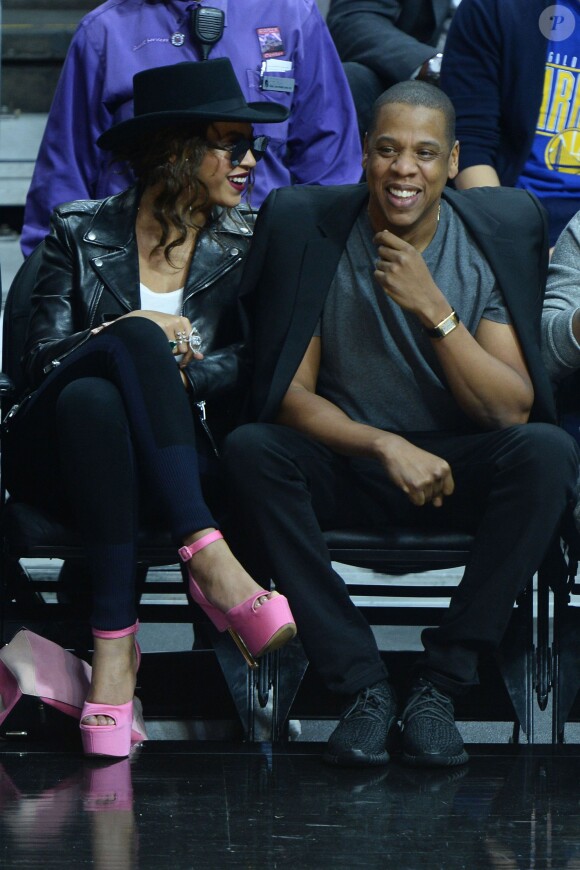 Beyoncé et Jay-Z au Staples Center de Los Angeles lors de la rencontre entre les Clippers de Los Angeles et les Warriors de Golden State, le 20 février 2016