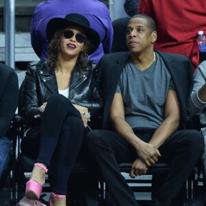 Beyoncé et Jay-Z au Staples Center de Los Angeles lors de la rencontre entre les Clippers de Los Angeles et les Warriors de Golden State, le 20 février 2016