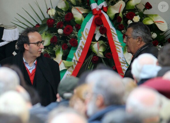 Director and actor Roberto Benigni in the courtyard of Milan's 15th-century Sforza Castle to attend to Umberto Eco's funeral in Milan, Italy, on Tuesday, 23 February 2016. The non-religious funeral of renowned writer and academic is to be held in the courtyard. Eco, who shot to international fame three decades ago with the Medieval monastery thriller The Name of the Rose, died on Friday at the age of 84 after a battle with cancer. Photo by Matteo Bazzi/Ansa/ABACAPRESS.COM23/02/2016 - Milan