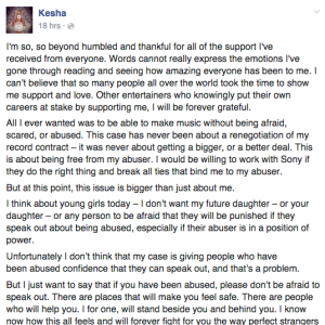 La lettre de Kesha adressée à ses admirateurs sur Facebook, le 24 février 2016.