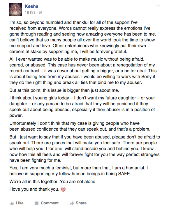 La lettre de Kesha adressée à ses admirateurs sur Facebook, le 24 février 2016.