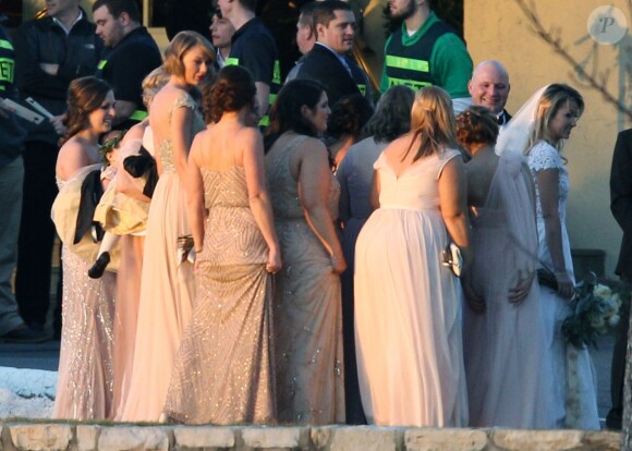 Exclusif - Taylor Swift demoiselle d'honneur au mariage de sa meilleure amie d'enfance, Britany Maack, avec qui elle a grandi en Pennsylvanie, le 20 février 2016. Les deux amies portent des robes de la designer Reem Acra.