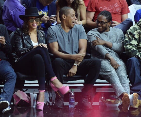 Beyoncé, son mari Jay Z et Kendrick Lamar au Staples Center. Los Angeles, le 20 février 2016.