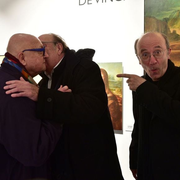 Exclusif - Jean-Pierre Coffe avec Bernard Mabille et Philippe Geluck lors du vernissage de l'exposition "L'Art et Le Chat" de Philippe Geluck au Musée en Herbe à Paris, le 10 février 2016. Jean-Pierre Coffe est mort à 78 ans le 29 mars 2016 © Giancarlo Gorassini/Bestimage