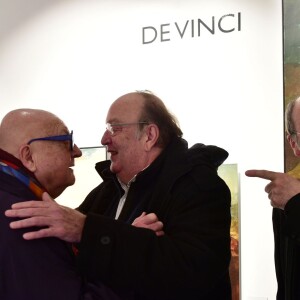 Exclusif - Jean-Pierre Coffe avec Bernard Mabille et Philippe Geluck lors du vernissage de l'exposition "L'Art et Le Chat" de Philippe Geluck au Musée en Herbe à Paris, le 10 février 2016. Jean-Pierre Coffe est mort à 78 ans le 29 mars 2016 © Giancarlo Gorassini/Bestimage