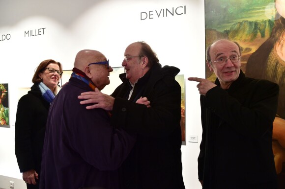 Exclusif - Jean-Pierre Coffe avec Bernard Mabille et Philippe Geluck lors du vernissage de l'exposition "L'Art et Le Chat" de Philippe Geluck au Musée en Herbe à Paris, le 10 février 2016. Jean-Pierre Coffe est mort à 78 ans le 29 mars 2016 © Giancarlo Gorassini/Bestimage