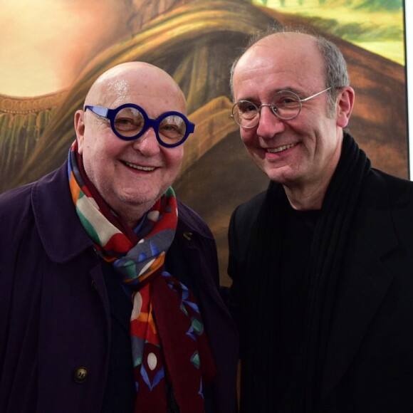 Exclusif - Jean-Pierre Coffe avec son ami Philippe Geluck lors du vernissage de l'exposition "L'Art et Le Chat" au Musée en Herbe à Paris, le 10 février 2016. Jean-Pierre Coffe est mort à 78 ans le 29 mars 2016 © Giancarlo Gorassini/Bestimage