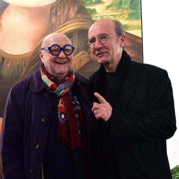 Exclusif - Jean-Pierre Coffe et Philippe Geluck lors du vernissage de l'exposition "L'Art et Le Chat" au Musée en Herbe à Paris, le 10 février 2016. Jean-Pierre Coffe est mort à 78 ans le 29 mars 2016 © Giancarlo Gorassini/Bestimage