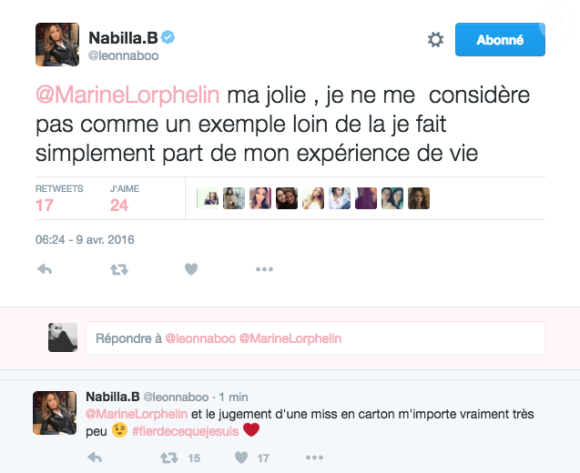 Nabilla tacle Marine Lorphelin sur Twitter