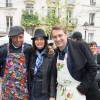 Leee John (Chanteur du groupe Imagination), La créatrice Zélia et Didier Gustin lors de la présentation de la Collection de Tabliers Zezette by Montmartre, a Paris le 17 Avril 2016.