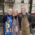 Fabrice de Rotrou, Réjane Lacoste et François Vincentelli lors de la présentation de la Collection de Tabliers Zezette by Montmartre, a Paris le 17 Avril 2016.