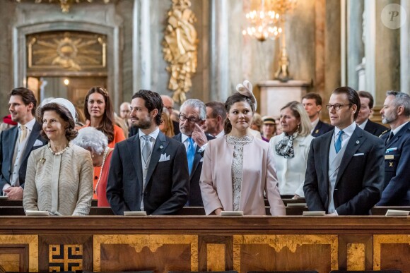 La reine Silvia, le prince Carl Philip, la princesse Victoria et le prince Daniel de Suède - La famille royale suédoise assiste au te Deum en l'honneur de la naissance du prince Alexander en la chapelle du palais royal de Stockholm, le 22 avril 2016.