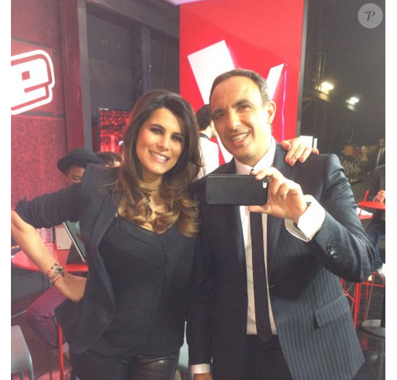 Karine Ferri et Nikos Aliagas dans les coulisses de "The Voice 5", samedi 23 avril 2016.