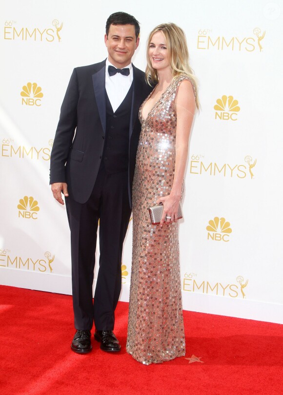 Jimmy Kimmel et sa femme Molly McNearney à La 66ème cérémonie annuelle des Emmy Awards au Nokia Theatre à Los Angeles, le 25 août 2014.