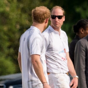 Le prince William et le prince Harry lors de l'Audi Polo Challenge à Ascot le 28 mai 2016, qu'ils disputaient au profit des associations Tusk Trust et Sentebale qu'ils soutiennent.