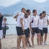 Ludovic Giuly, Jan Koller, Manu Dos Santos, Sébastien Frey lors du match de gala du 2e Beach Soccer à Cannes au profit de l'association Sourire et Partage, sur la plage Macé le 1er juin 2016