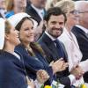 La princesse Madeleine, la princesse Sofia et le prince Carl Philip de Suède lors des festivités traditionnelles à Skansen, Stockholm, le 6 juin 2016 pour la Fête nationale.