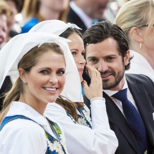 La princesse Madeleine, la princesse Sofia et le prince Carl Philip de Suède lors des célébrations à Skansen (Stockholm) de la Fête nationale le 6 juin 2016.
