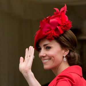 Kate Middleton, duchesse de Cambridge, lors de son arrivée à la chapelle Saint George au château de Windsor pour les cérémonies de l'Ordre de la Jarretière, le 13 juin 2016.