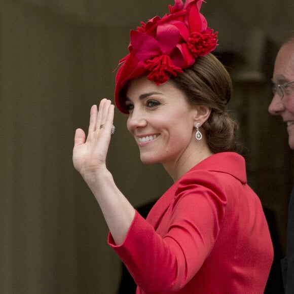 Kate Middleton, duchesse de Cambridge, lors de son arrivée à la chapelle Saint George au château de Windsor pour les cérémonies de l'Ordre de la Jarretière, le 13 juin 2016.