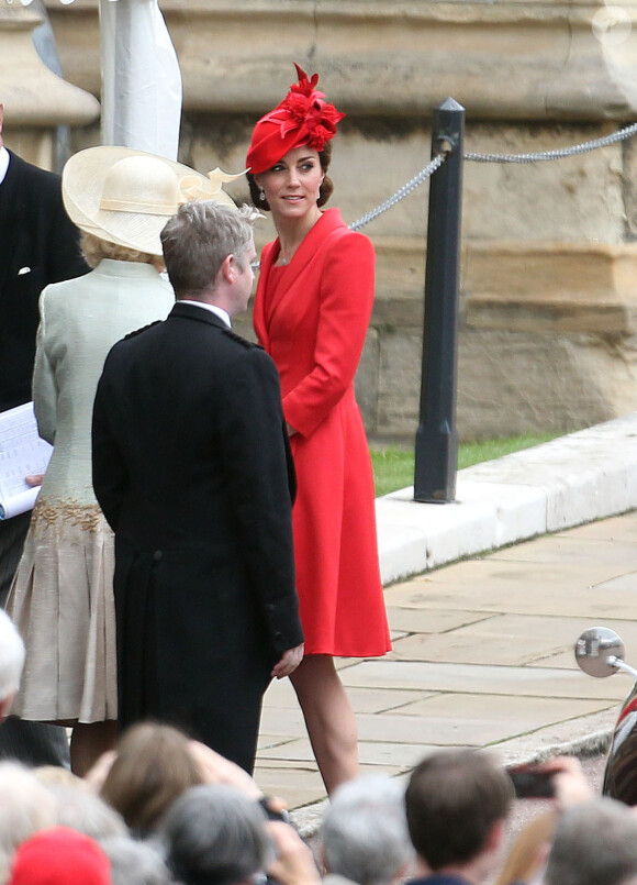 Kate Middleton, duchesse de Cambridge, et Camilla Parker Bowles, duchesse de Cornouailles, lors de leur arrivée à la chapelle Saint George au château de Windsor pour les cérémonies de l'Ordre de la Jarretière, le 13 juin 2016.