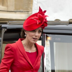 La duchesse Catherine de Cambridge arrive à la chapelle Saint George au château de Windsor pour les cérémonies de l'Ordre de la Jarretière, le 13 juin 2016