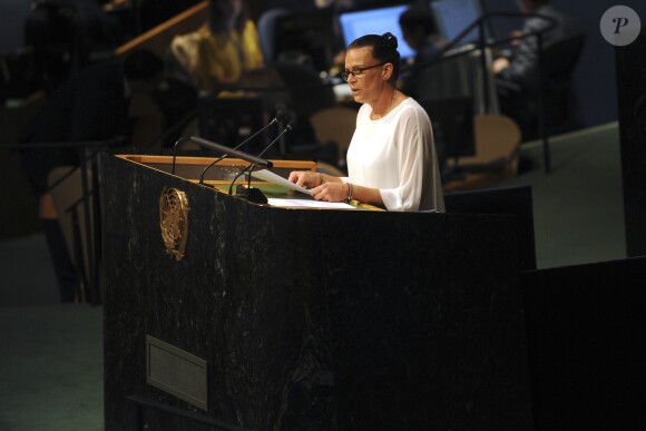 La princesse Stéphanie de Monaco s'exprime devant les Nations unies à New York le 8 juin 2016 sur le thème de l'éradication du VIH/SIDA à l'horizon 2030. © Future-Image via ZUMA Press / Bestimage