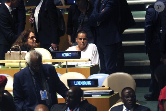 La princesse Stéphanie de Monaco s'exprime devant les Nations unies à New York le 8 juin 2016 sur le thème de l'éradication du VIH/SIDA à l'horizon 2030. © Future-Image via ZUMA Press / Bestimage