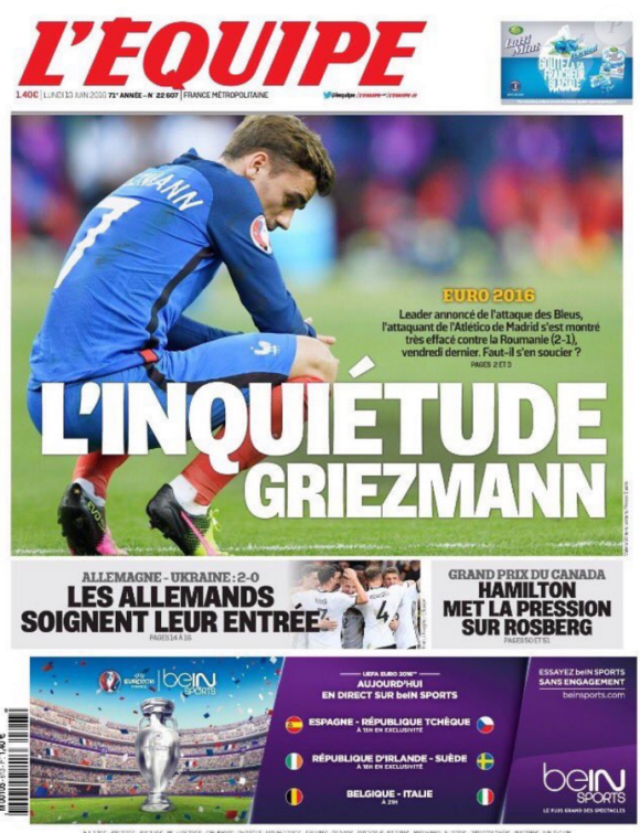"Antoine Griezmann, l'inquiétude" en couverturede l'Equipe le 13 juin.