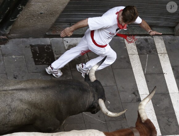 Corrida de rues durant le festival de Sanfermines 2016 à Pampelune le 9 juillet 2016.