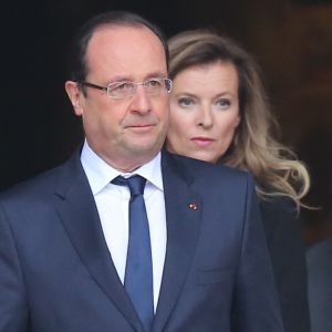 Francois Hollande et Valerie Trierweiler - Sortie des obsèques de Patrice Chéreau en l'eglise Saint-Sulpice a Paris. Le 16 octobre 2013.